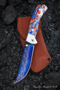 Folding knife Korsak damascus end with bluing lining acrylic color with duralumin