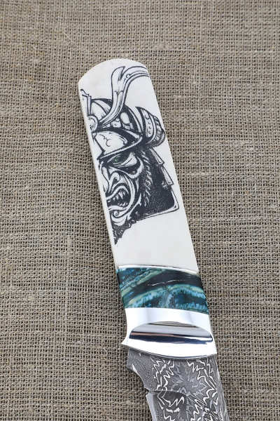 Нож Боец дамаск торцевой зуб мамонта, бивень моржа, авторский рисунок, серебро