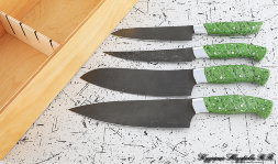 Set of 4 kitchen knives, steel H12MF, handle made of green acrylic in a case 