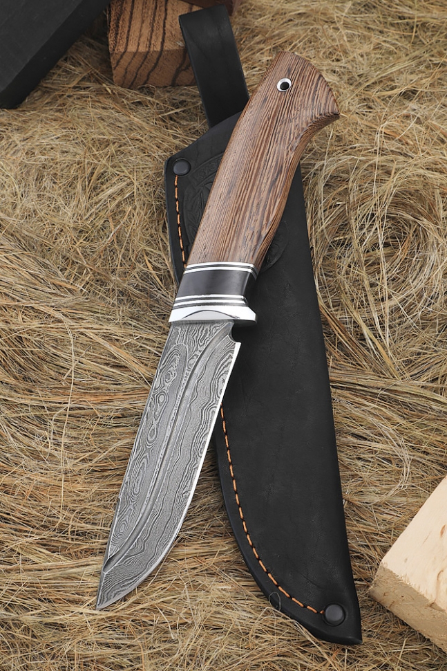 Нож Странник дамаск долы рукоять акрил черный и венге