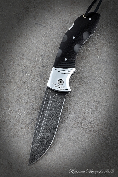 Folding knife Filin steel damascus lining Black hornbeam carved with duralumin