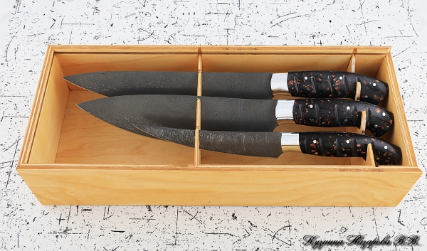 Set of 3 kitchen knives, steel H12MF, brown acrylic handle in a case 