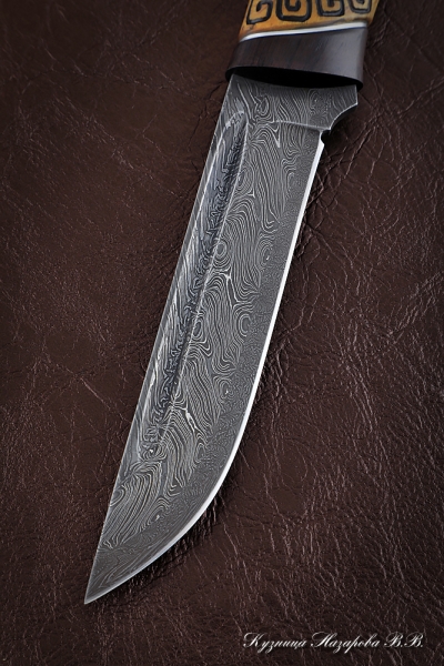 Knife Fighter Damascus end black hornbeam Karelian birch carved (Sicac)