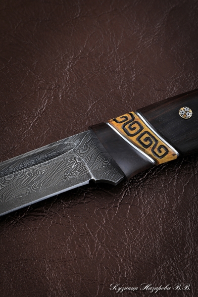 Knife Fighter Damascus end black hornbeam Karelian birch carved (Sicac)