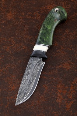 Нож Ловчий дамаск ламинированный с долом карбон бивень моржа карельская береза зеленая
