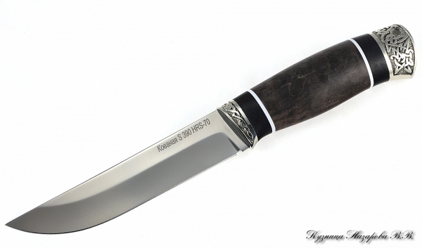 Нож Косач S390 мельхиор черный граб стабилизированная карельская береза (коричневая)