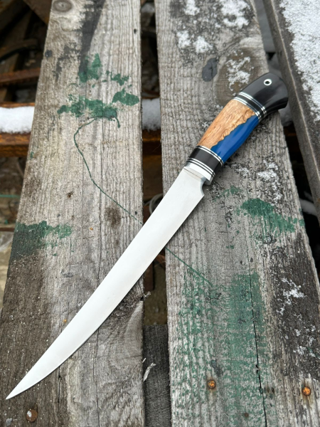 Нож &quot;Касатка&quot; сталь х12мф, рукоять гибрид стабилизированная карельская береза янтарь и акрил синий (распродажа) 