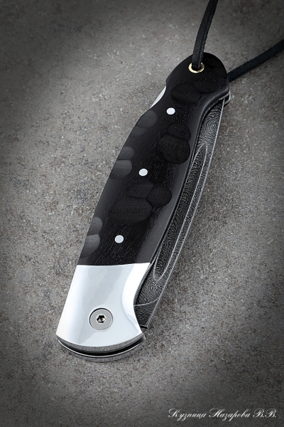 Folding knife Owl Steel Damascus Lining Black hornbeam Carved with duralumin