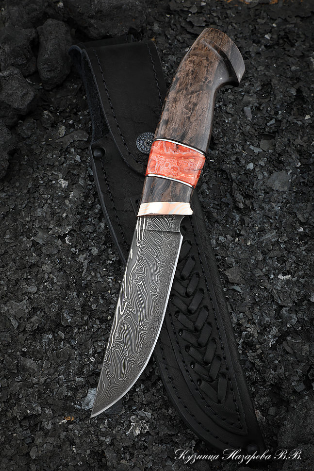 Нож Штык дамаск торцевой мокуме-гане карельская береза коричневая кость мамонта