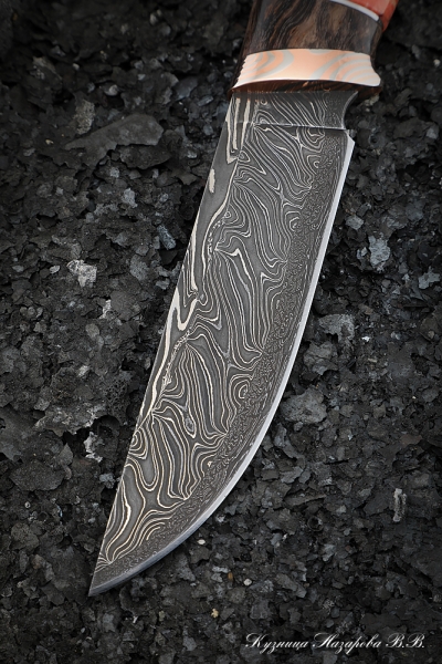 Нож Штык дамаск торцевой мокуме-гане карельская береза коричневая кость мамонта