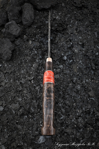 Нож Штык дамаск торцевой мокуме-гане карельская береза коричневая кость мамонта