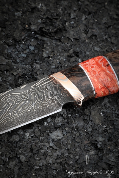 Knife Bayonet Damascus end mokume-gane Karelian birch brown mammoth bone