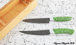 Set of 2 kitchen knives, steel H12MF, handle made of green acrylic in a case
