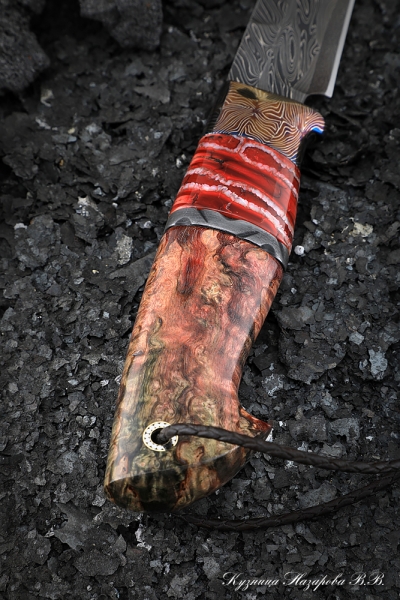 Sapper Damascus end knife mokume-gane Karelian birch brown mammoth bone