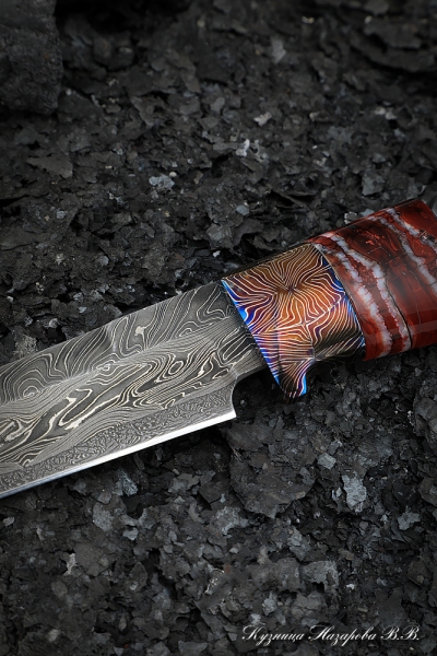 Sapper Damascus end knife mokume-gane Karelian birch brown mammoth bone