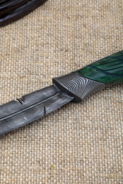 Knife Capercaillie Damascus handle carved Karelian birch blue with acrylic on a stand