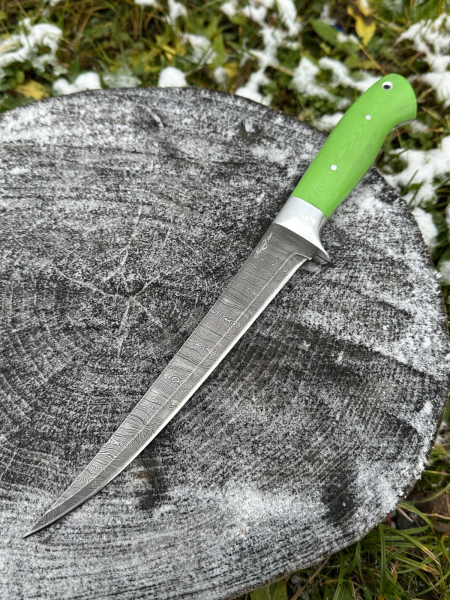 Шеф нож №6 сталь дамаск целнометаллический, накладки G10 зеленые (распродажа) 