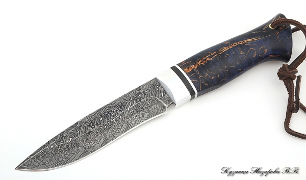 Varan Damascus end knife stabilized Karelian birch (purple)