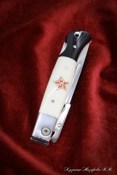 NKVD knife folding steel S390 lining acrylic white+black with red star
