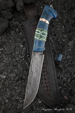 Нож Овод 2 дамаск торцевой мокуме-гане карельская береза синяя кость мамонта