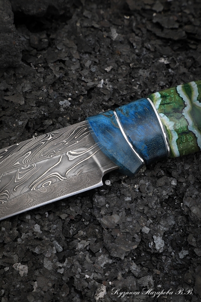 Gadfly knife 2 Damascus end mokume-gane Karelian birch blue mammoth bone
