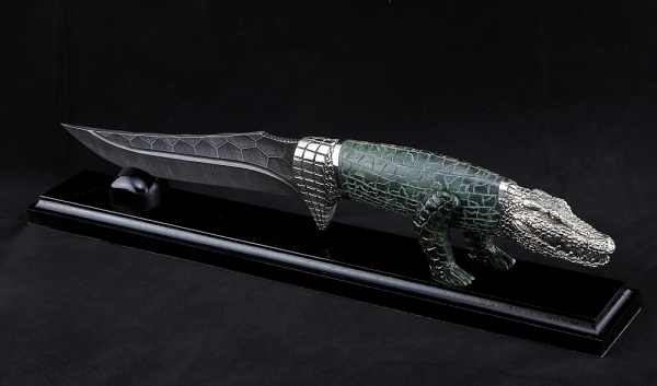 Knife Crocodile Damascus stone handle Karelian birch carved green nickel silver on a stand