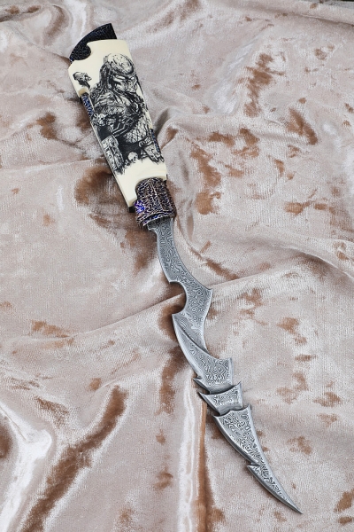 Exclusive knife Alien stainless damascus, laminated damascus handle and walrus tusk with scrimshaw