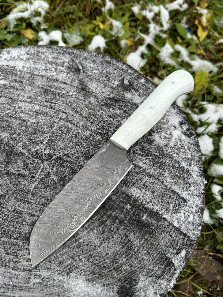 Шеф нож №3 сталь дамаск целнометаллический, накладки G10 белые (распродажа) 