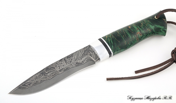 Varan Damascus laminated knife stabilized Karelian birch (green)