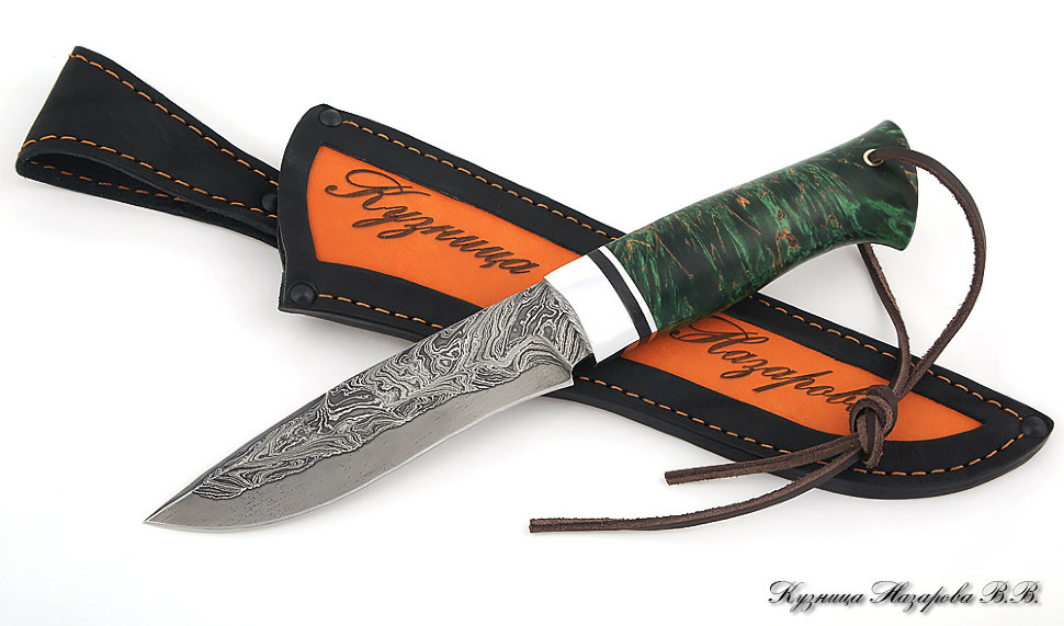 Нож Варан дамаск ламинированный стабилизированная карельская береза (зеленая)