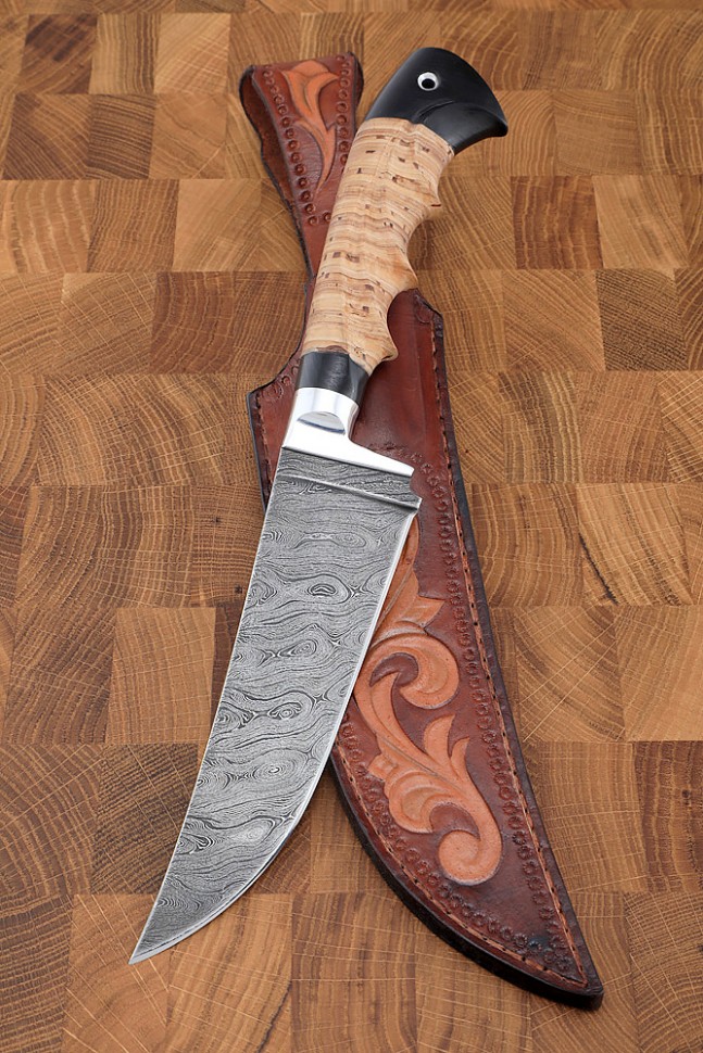 Uzbek knife small Damascus birch bark carved