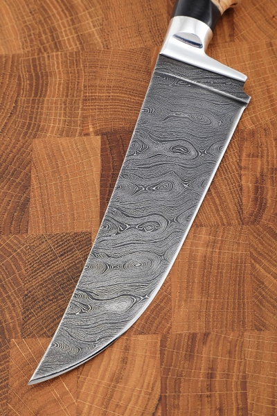 Uzbek knife small Damascus birch bark carved