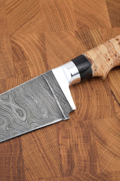 Uzbek knife small Damascus birch bark carved