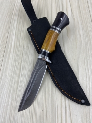 Нож Штык дамаск долы стабилизированная карельская береза янтарная черный граб (распродажа)