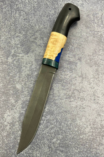 Нож "Сапера" сталь х12мф, рукоять гибрид: карельская береза янтарь, акрил синий и черный граб (распродажа)