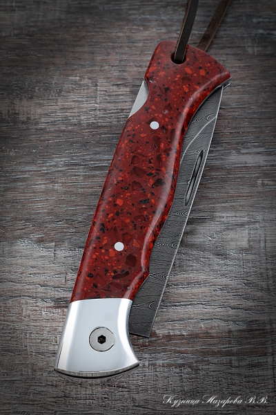 Folding knife Wolf steel damascus lining acrylic red with duralumin