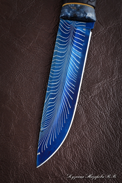 Нож Вепрь дамаск мозаичный-перо с воронением черный граб карельская береза (Sicac)