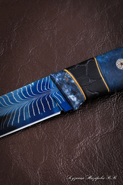 Knife Boar Damascus mosaic-feather with bluing black hornbeam Karelian birch (Sicac)