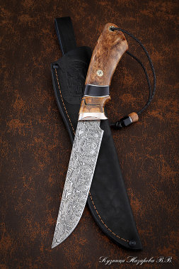 Gadfly knife 2 Damascus stainless mammoth bone black hornbeam Karelian birch mokume-gane on a stand