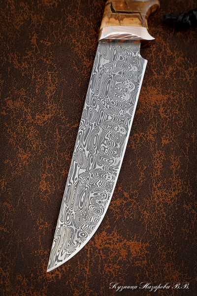 Нож Овод 2 дамаск нержавеющий кость мамонта черный граб карельская береза мокуме-гане на подставке