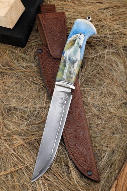 Knife Mustang ZDP-189 deep etching laminated N690 walrus tusk silver with pattern
