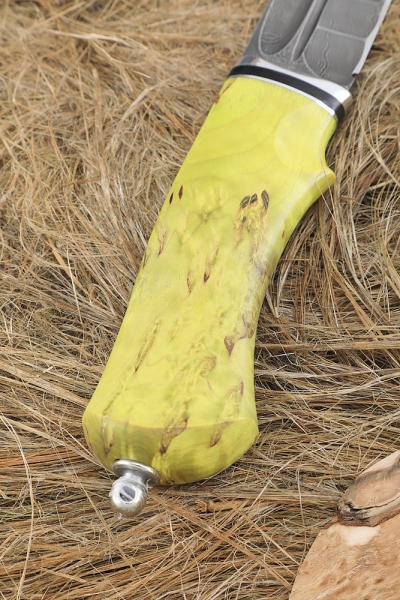 Cheetah Damascus knife, handle stabilized Karelian birch green