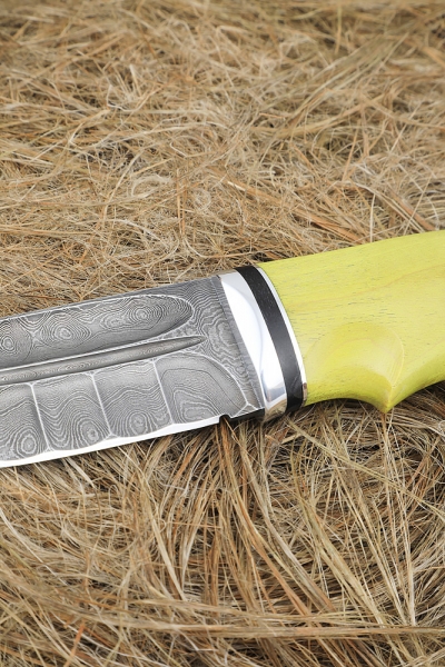 Cheetah Damascus knife, handle stabilized Karelian birch green
