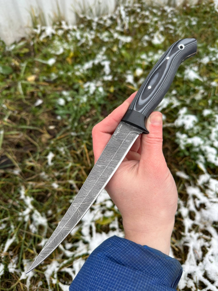 Шеф нож №6 сталь дамаск целнометаллический, накладки G10 серые  (распродажа)  