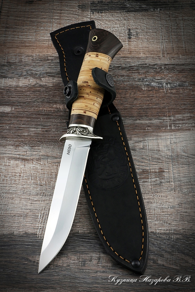 Нож Пехотинец сталь N690 мельхиор береста (надпись)