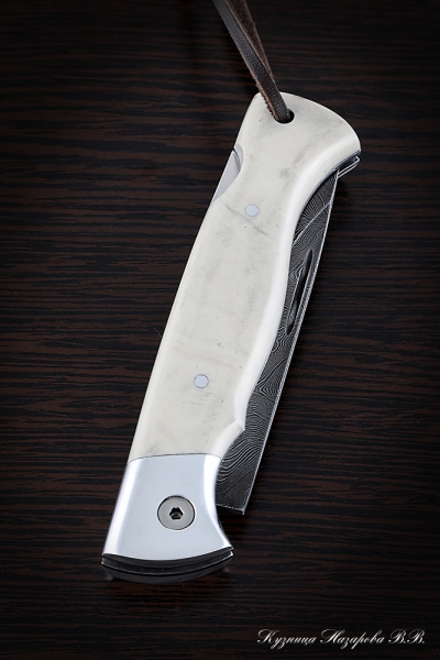 Folding Knife Wolf Steel damascus Lining Acrylic Ivory with Duralumin