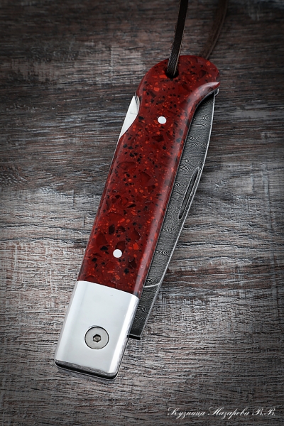 Нож складной Судак 2 сталь дамаск накладки акрил красный