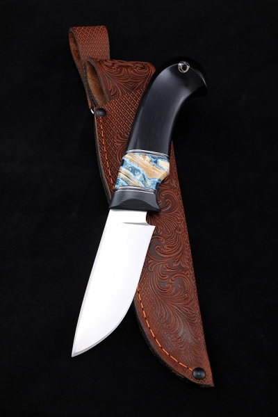 Нож Ловчий М390 рукоять зуб мамонта стабилизированный черный граб