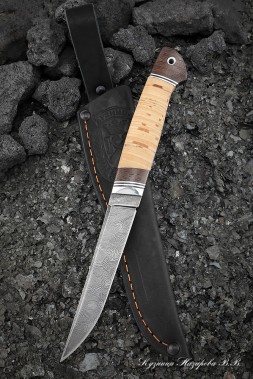 Knife Shaman Damascus handle birch bark