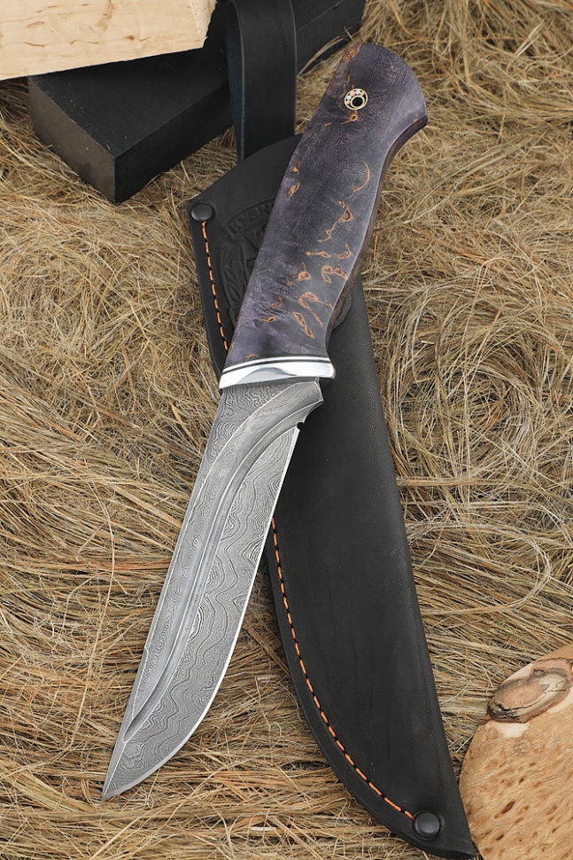 Нож Боец дамаск долы, рукоять стабилизированная карельская береза фиолетовая